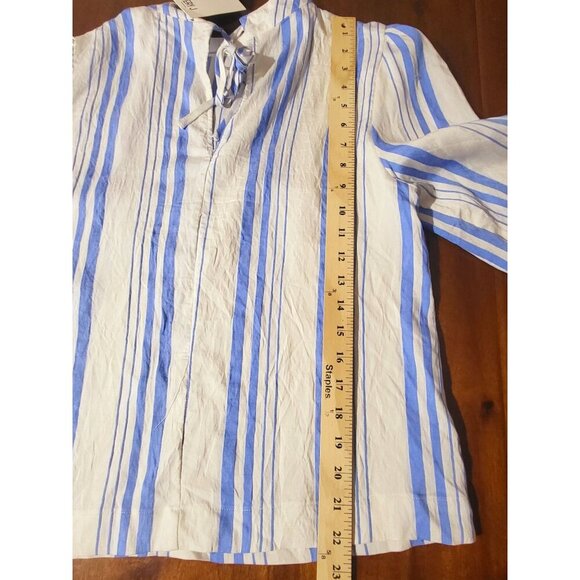 Blue & White Striped Tencel Blouse With Tie-Back & Pop Sleeves By Very J Sz M Ne - Picture 6 of 12